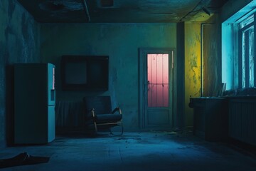 Aufkleber - A simple room with a single chair and a window, perfect for depicting solitude or contemplation