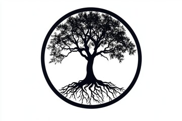 Poster - A single tree grows in the center of a circular formation, captured in black and white