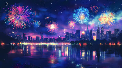 Wall Mural - Vibrant fireworks light up the night sky over a city skyline, reflecting beautifully on the tranquil water, creating a festive and colorful scene. Nocturne. Illustration