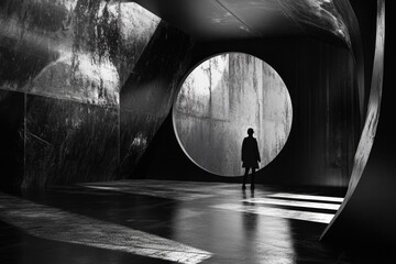 Aufkleber - A person stands in a tunnel looking out at a large circular window