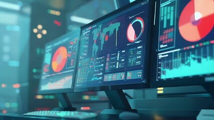 Poster - Three computer monitors are displaying financial data, including charts, graphs, and maps. The data is constantly changing, suggesting a dynamic and active market