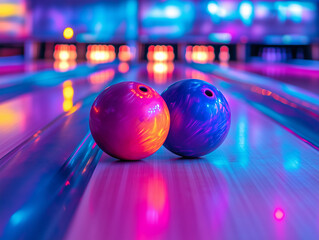 Vibrant neon lit bowling balls on a polished lane at a modern bowling alley.


