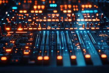 Poster - A close-up of a sound board with orange and blue lights, ideal for use in music or audio-related projects