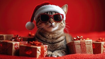 Poster - A playful cat wearing sunglasses and a Santa hat, perfect for holiday season or winter-themed designs