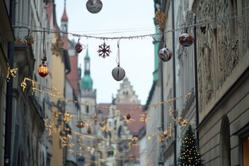 Poster - A city street decorated with festive lights and decorations for the holiday season