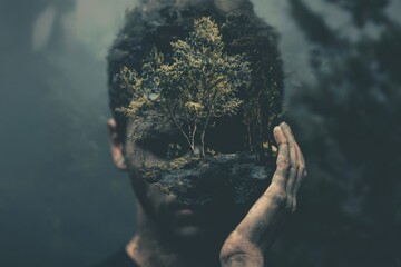 Poster - A person holds a tree branch in front of their face, concealing their identity