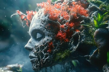 Poster - A close-up shot of a person's face covered in vines and foliage