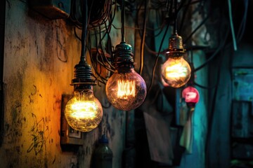 Aufkleber - Exterior view of a building with light bulbs hanging from the side