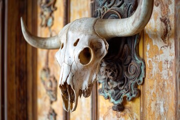 Poster - A cow skull mounted on the side of a wooden door, adding rustic charm to any setting