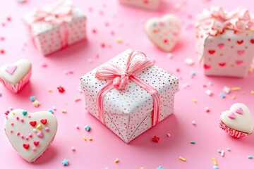 Poster - A small gift box surrounded by small hearts and sprinkles on a bright pink background