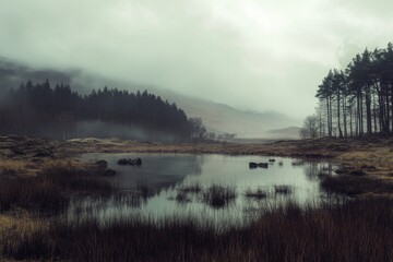 Poster - A serene natural scene with a small pond surrounded by tall grass and trees