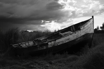 Poster - A black and white photograph of a boat sitting in a field