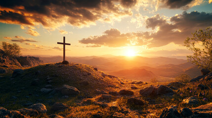 Sunrise over the empty tomb with a cross, celebrating resurrection and hope in a breathtaking landscape