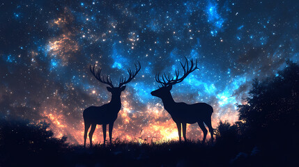 Wall Mural - Mystical deer silhouettes with majestic antlers standing against a dramatic night sky filled with twinkling stars constellations and a glowing cosmic galaxy this enchanting. Nocturne. Illustration