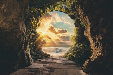 Poster - A long tunnel allows a glimpse of the vast ocean beyond, with waves and sea spray visible in the distance