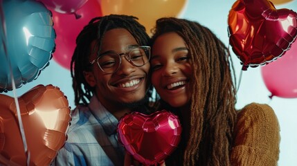 Poster - A romantic moment between a couple holding heart shaped balloons, perfect for Valentine's Day or anniversary celebrations