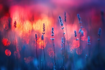 Wall Mural - A field of purple flowers with a pink and orange sky in the background