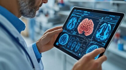 Poster - Scientist analyzing brain activity on tablet, possible medical research or diagnosis concept