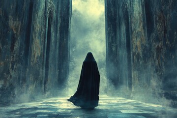 Poster - A person stands in a dark room wearing a black cloak, perfect for mysterious or suspenseful scenes