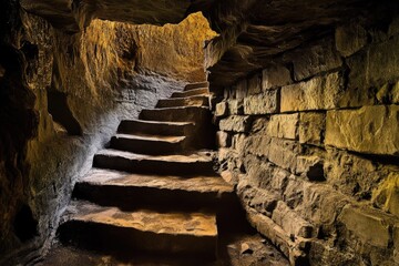Poster - A worn stone staircase winds its way up the side of an ancient ruined structure