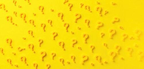 Bright yellow background displays many yellow question marks. Pattern of uncertainty, inquiry. Isolated design for graphic design use. Visualizes confusion problem-solving concept. Abstract graphic