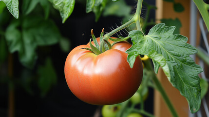 Ripe tomato hanging on vine in a garden during mid-summer growth season