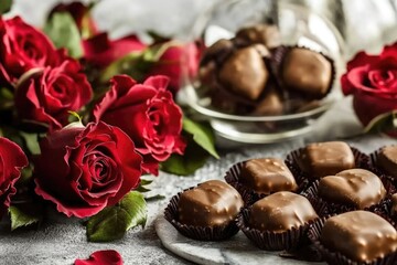 Poster - A table decorated with chocolates and red roses, perfect for romantic occasions or special events