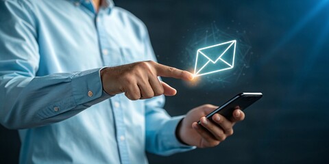 Man touching message icon hologram, concept of message and email. 