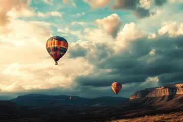 Poster - A group of hot air balloons flying through a cloudy sky, great for use in travel or adventure scenes