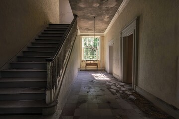 Poster - A hallway with a staircase and a window, perfect for interior design or real estate use