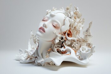 Poster - A sculpture of a woman's face surrounded by flowers