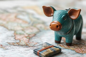Fototapete - A pig figurine sitting on top of a map, ideal for use in designs about travel, adventure or whimsy