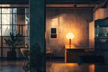 Poster - Cozy home office with a desk, chairs, and a lamp