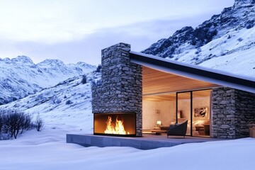 Poster - Cozy interior with a warm fireplace, suitable for winter scenes or home decoration