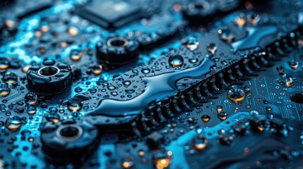 Poster - Close-up of a circuit board with droplets, showcasing technology and innovation.