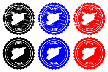 Wall Mural - Syria - rubber stamp - vector, Syrian Arab Republic map pattern - sticker - black, blue and red