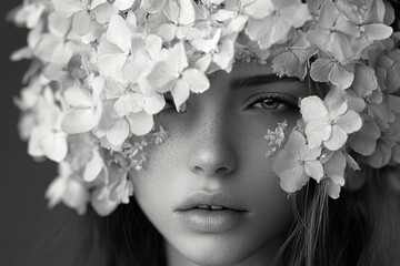 A woman wearing a floral wreath on her head, suitable for use in cultural or symbolic contexts