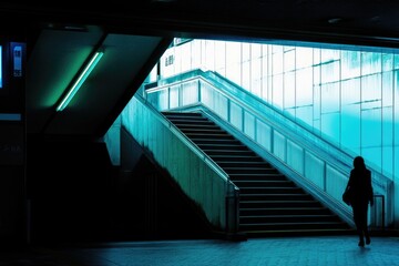Poster - A person stands at the base of a staircase, ready to climb up or down