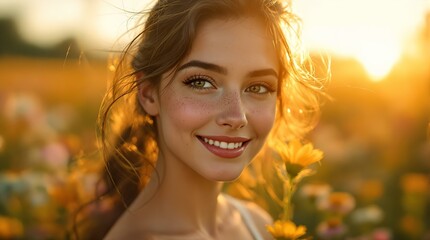 Fototapete -  person with long hair standing in a meadow filled with yellow flowers, with the sun setting in the background.