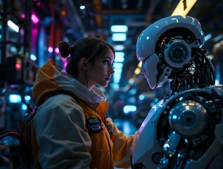 Poster -  person wearing a yellow and white jacket, standing close to a humanoid robot. The scene appears to be set in a futuristic, neon-lit environment.