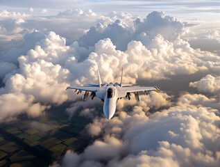 Leinwandbilder - The image shows a jet plane flying over thick clouds.