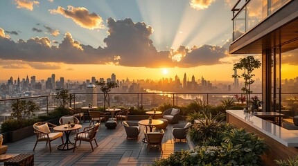 Aufkleber - photograph of a rooftop outdoor restaurant with a stunning cityscape view at sunset. The sun is setting behind the buildings, casting warm golden light over the entire scene.