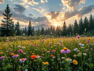 Poster - a vibrant field of wildflowers in the foreground, with tall trees and distant mountains in the background, under a sunset sky.