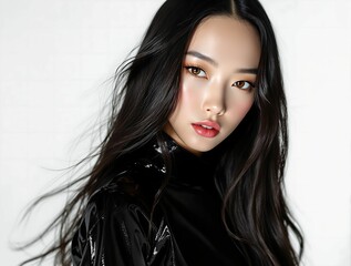 Poster -  woman with long, dark hair wearing a black outfit and an earring. The background is plain and white.