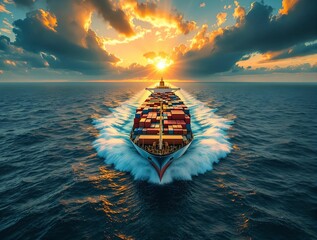 Poster - cargo ship sailing through the ocean with a beautiful sunset in the background. The sky is filled with vibrant colors, and the ship leaves a trail of waves behind it.