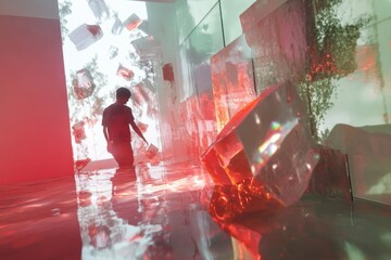 Aufkleber - A person stands in a room lit by a single red light, waiting for something to happen
