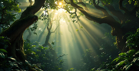 Aufkleber -  serene forest scene with sunlight filtering through the dense foliage, creating a magical and tranquil atmosphere. The trees and dense greenery create a natural canopy, casting dappled light on the f