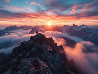 Fototapete - dramatic sunset or sunrise over a mountain range, with clouds and mist swirling around the peaks. The sky is filled with vibrant colors, including reds, oranges, and purples, creating a breathtaking s