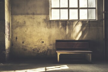 Poster - A simple wooden bench placed in front of a window, ideal for use as a decorative element or a cozy reading nook