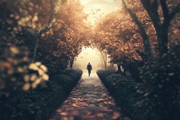 Poster - A person walks along a winding forest path, surrounded by dense foliage and towering trees